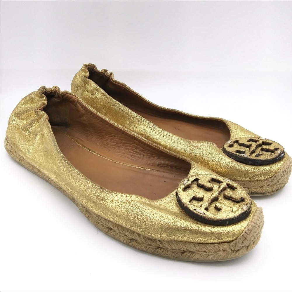 Tory Burch Reva Metallic Gold Leather Espadrilles